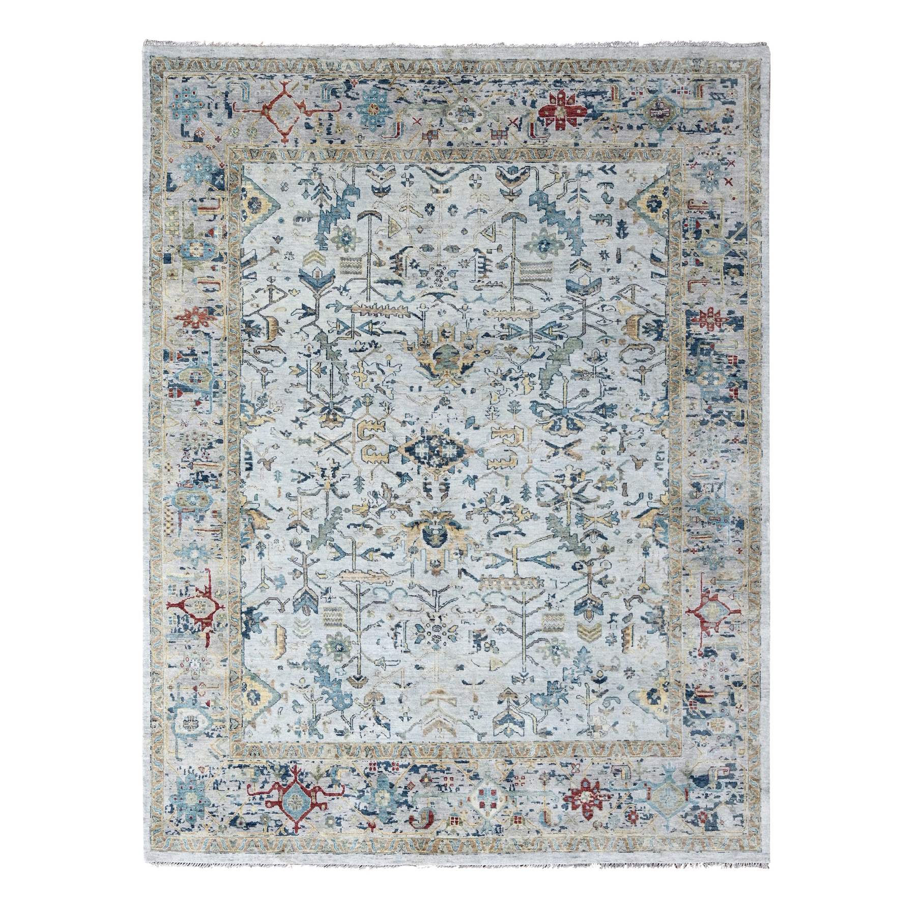Windy Blue and Shiny Luster Gray, Densely Woven, Hand Knotted, Broken Erased Persian Heriz All Over Design 100% Wool Soft Color Pallet, Oriental Rug